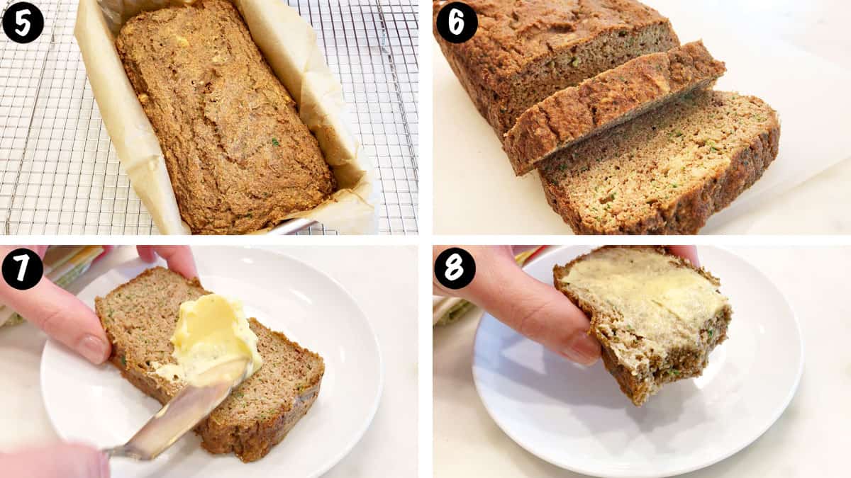 A photo collage showing steps 5-8 for making a keto zucchini bread. 