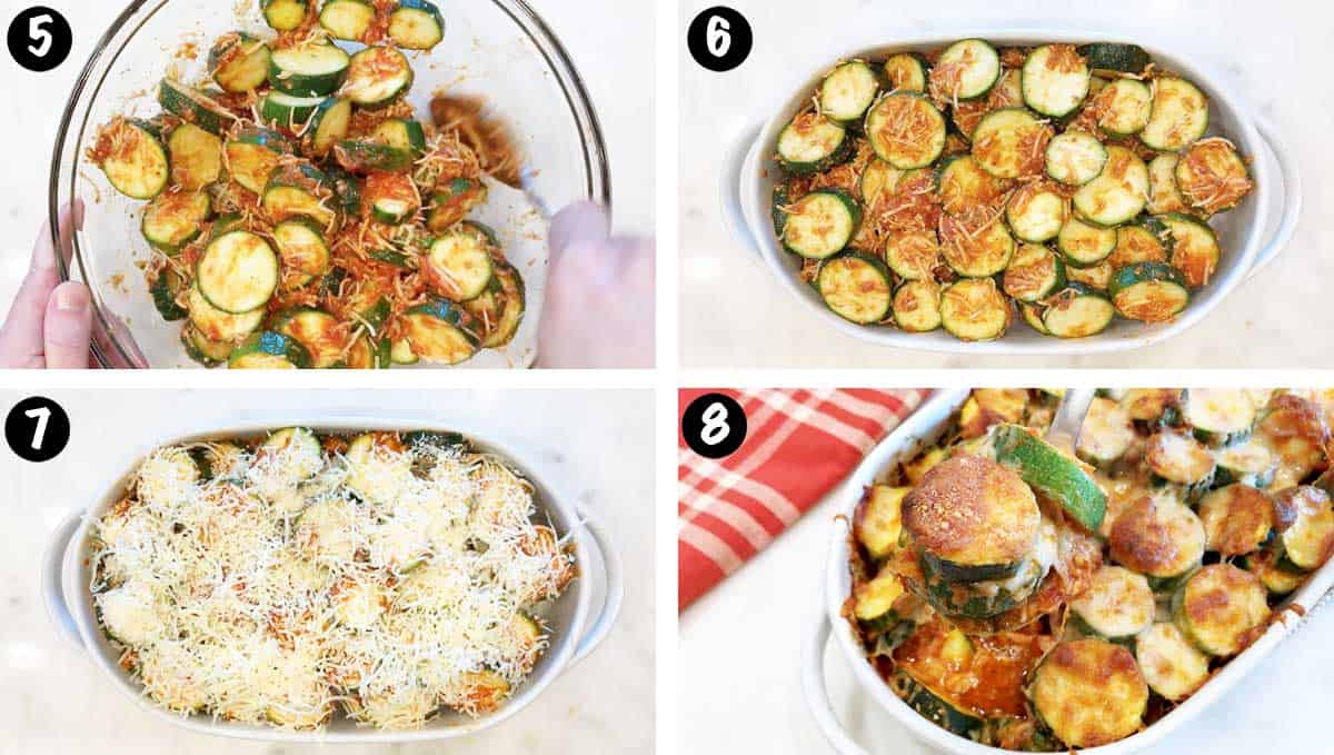 A photo collage showing steps 5-8 for making a zucchini casserole. 