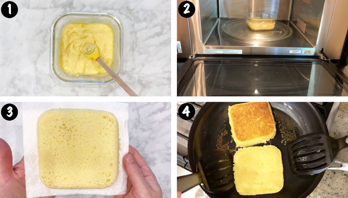 A photo collage showing steps 1-4 for making a low-carb avocado toast. 