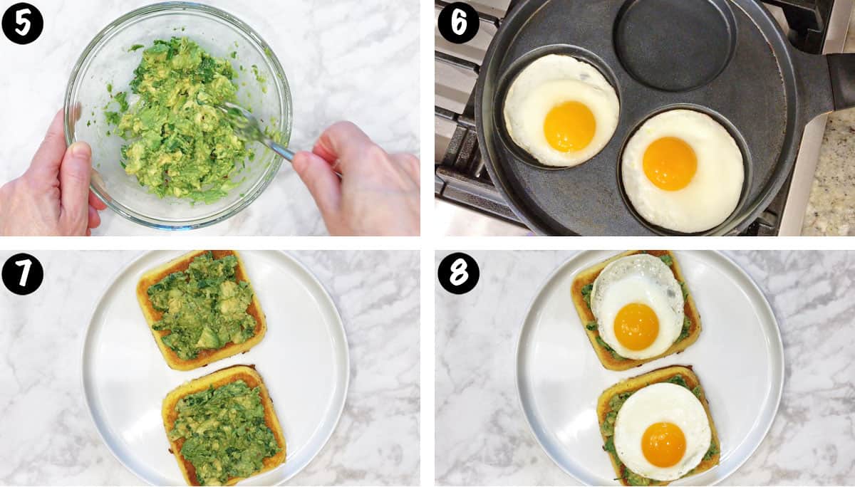 A photo collage showing steps 5-8 for making a keto avocado toast. 