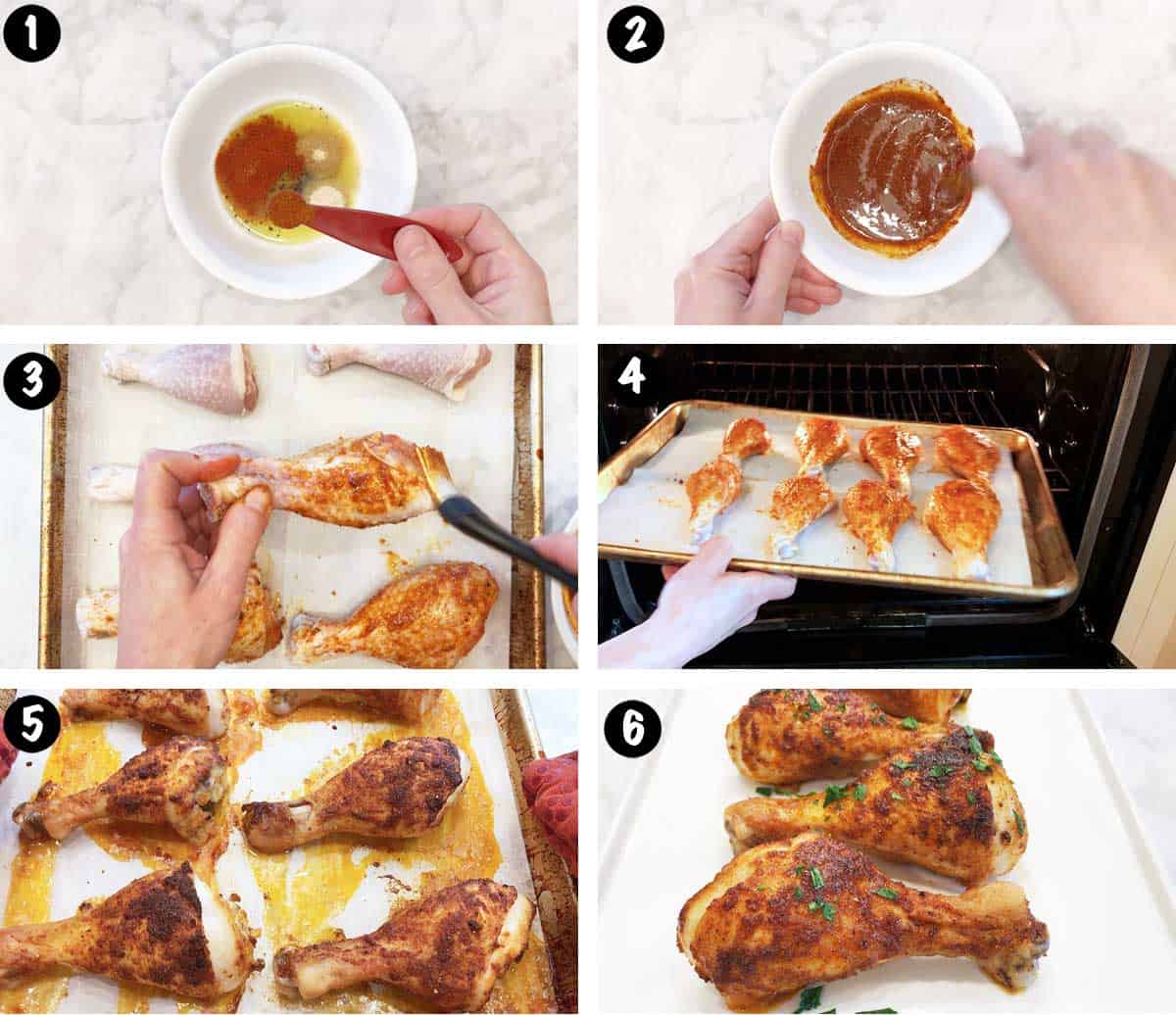 A six-photo collage showing the steps for baking chicken drumsticks in the oven. 