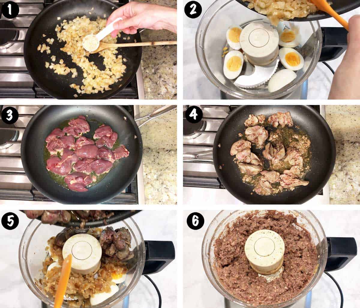 A six-photo collage showing the steps for making chopped liver. 