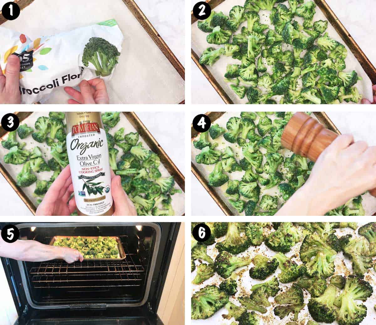 A photo collage showing the steps for roasting frozen broccoli. 