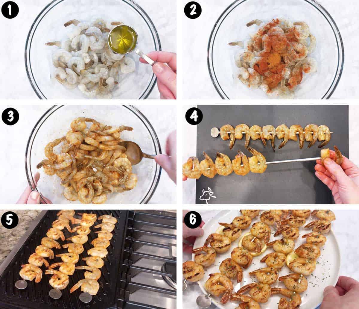 A six-photo collage showing the steps for grilling shrimp. 