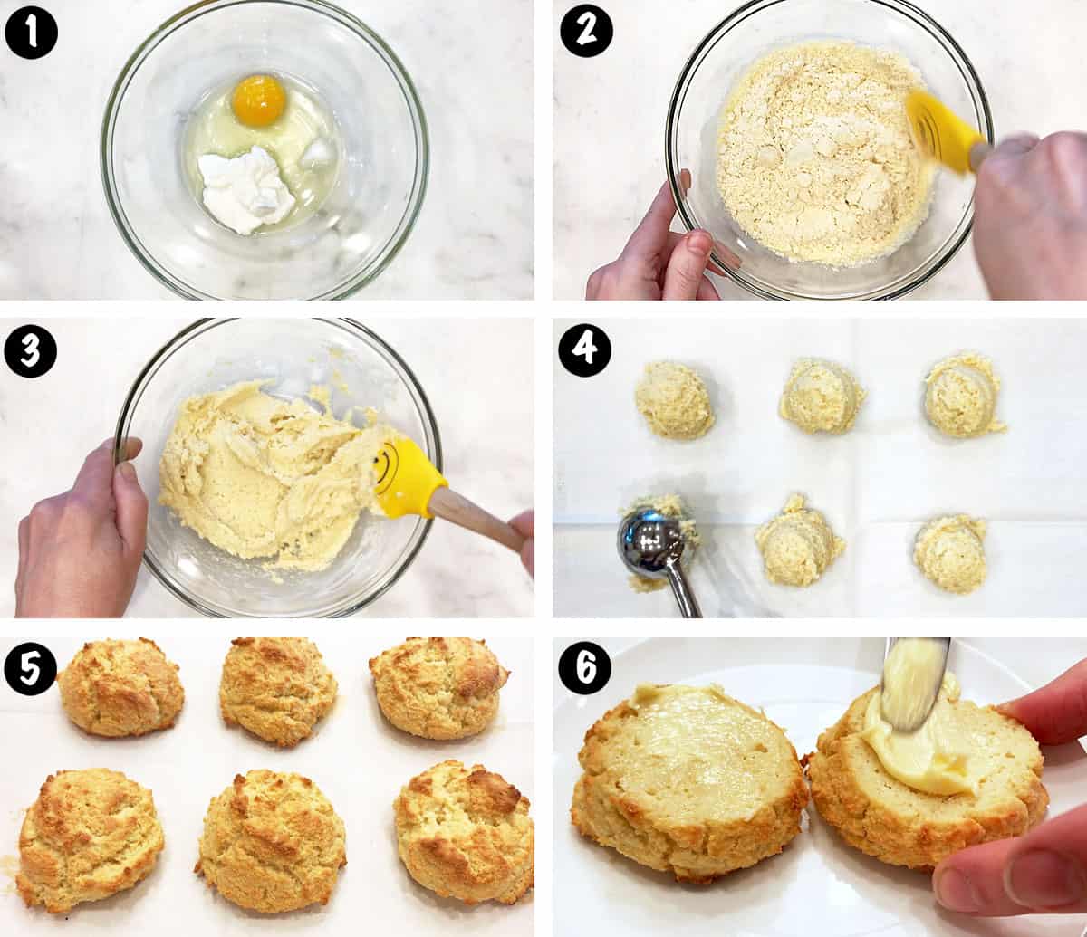 A six-photo collage showing the steps for making keto biscuits. 