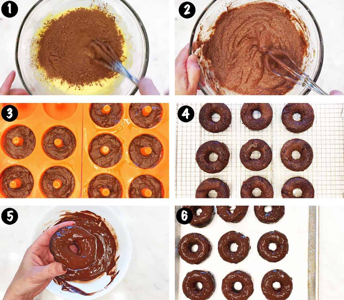 A photo collage showing the steps for making keto donuts. 
