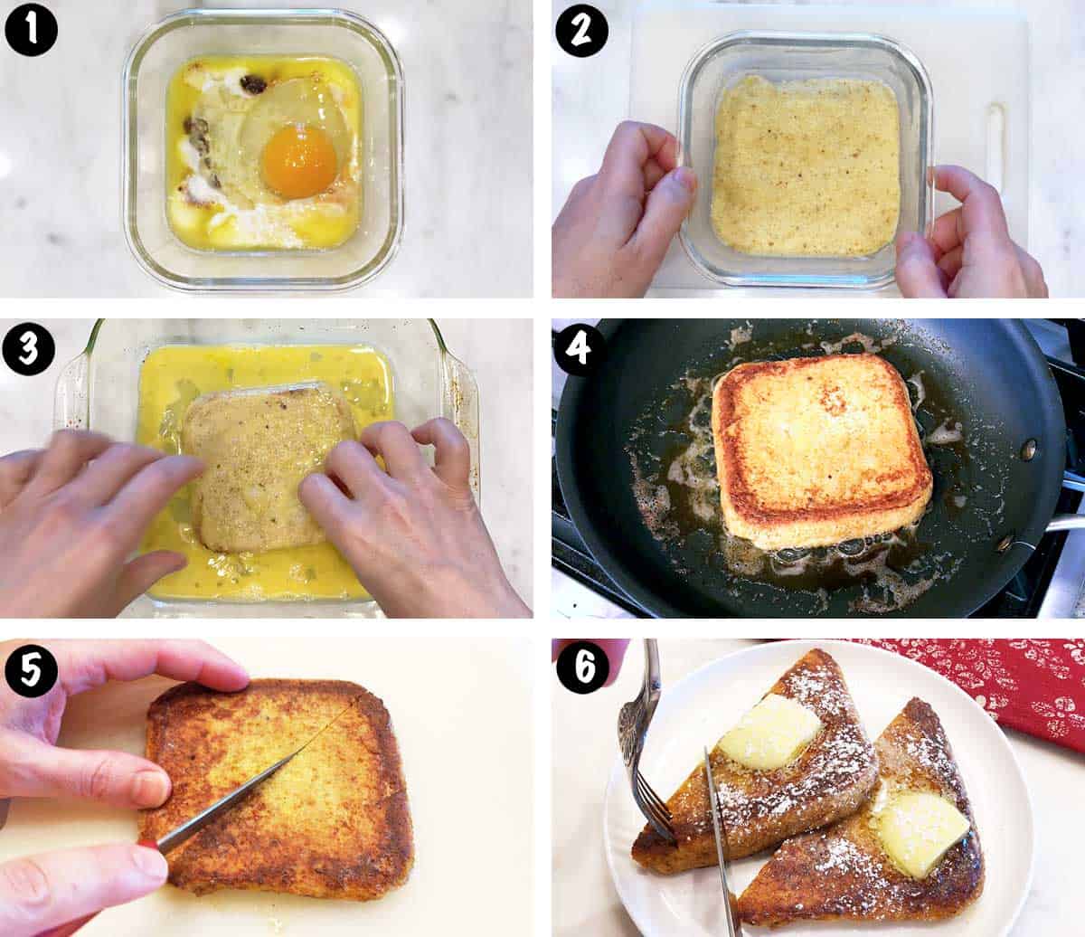 A six-photo collage showing the steps for making keto French toast. 