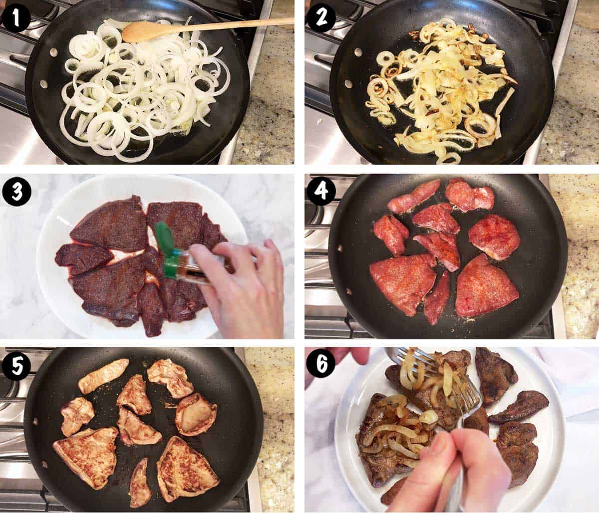 A six-photo collage showing the steps for making liver and onions. 