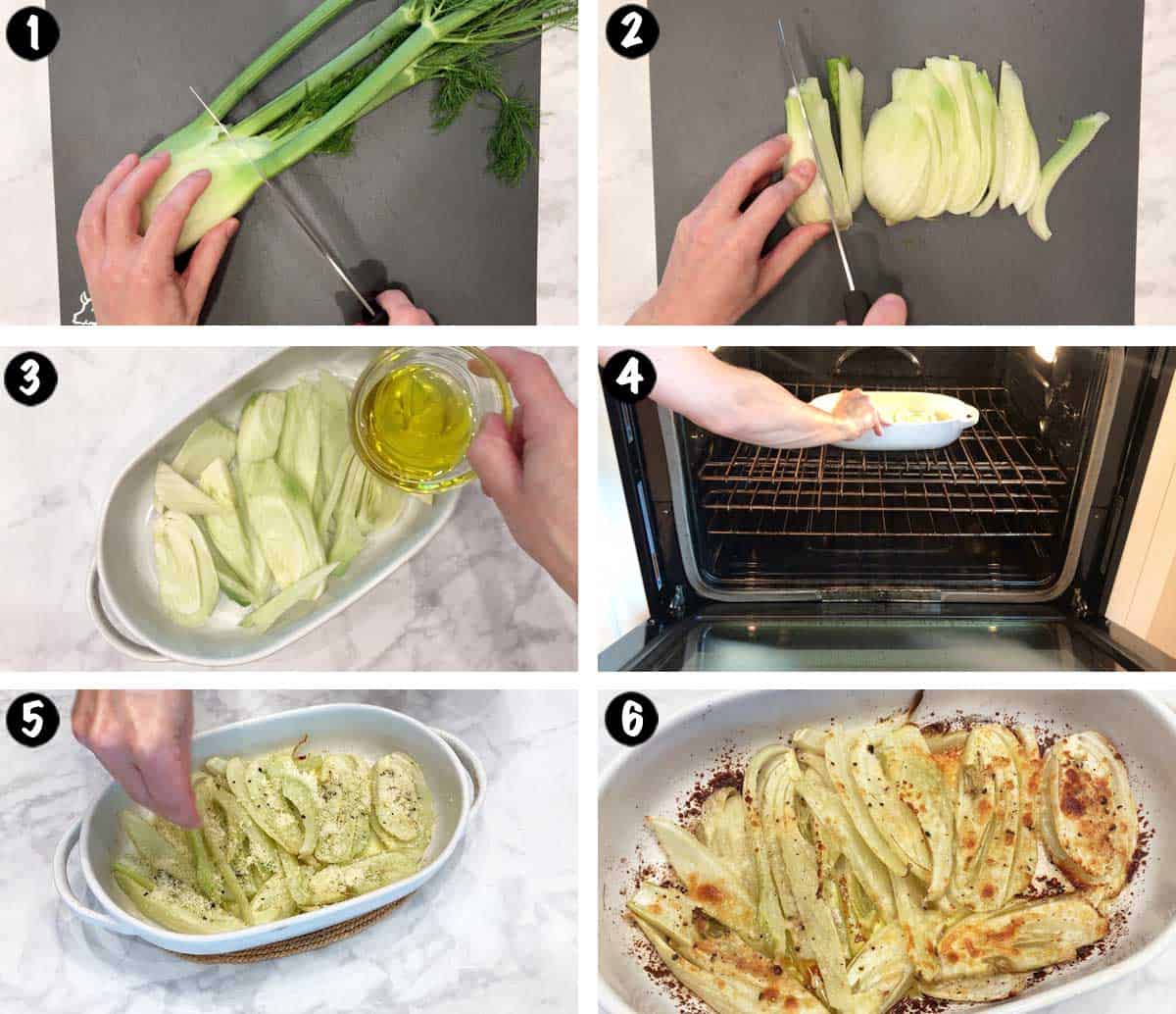 A six-photo collage showing the steps for cooking fennel in the oven. 