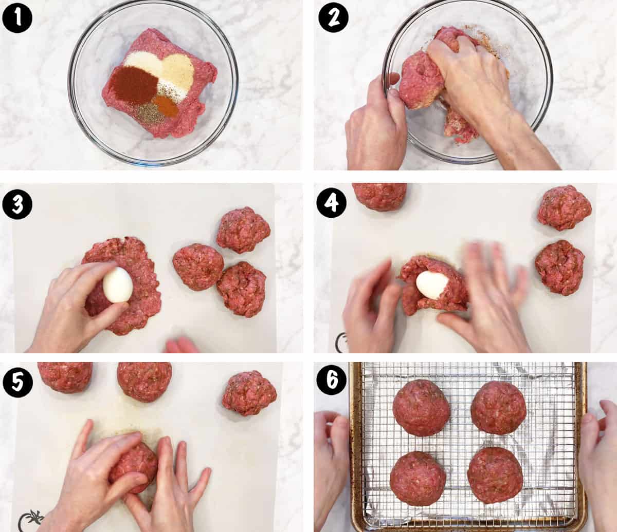 A photo collage showing steps 1-6 for making Scotch eggs.