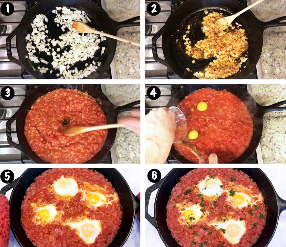 A six-photo collage showing the steps for making shakshuka. 