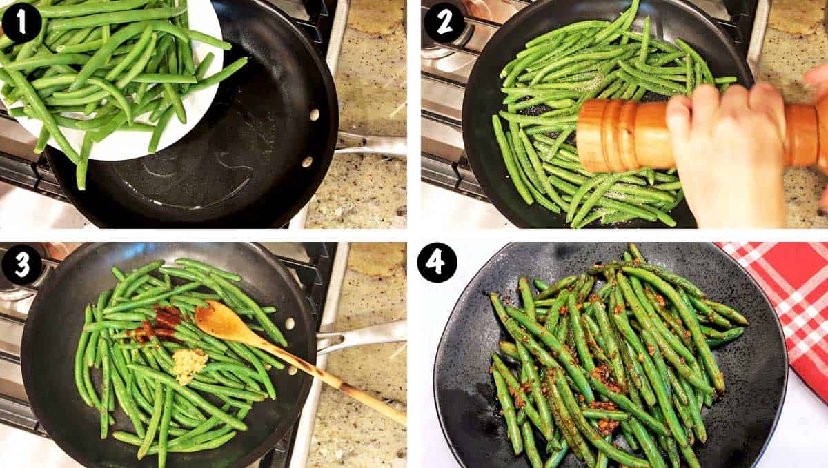 A photo collage showing the steps for making spicy green beans. 
