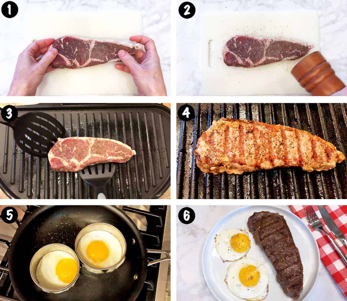 A photo collage showing the steps for making a breakfast of steak and eggs. 