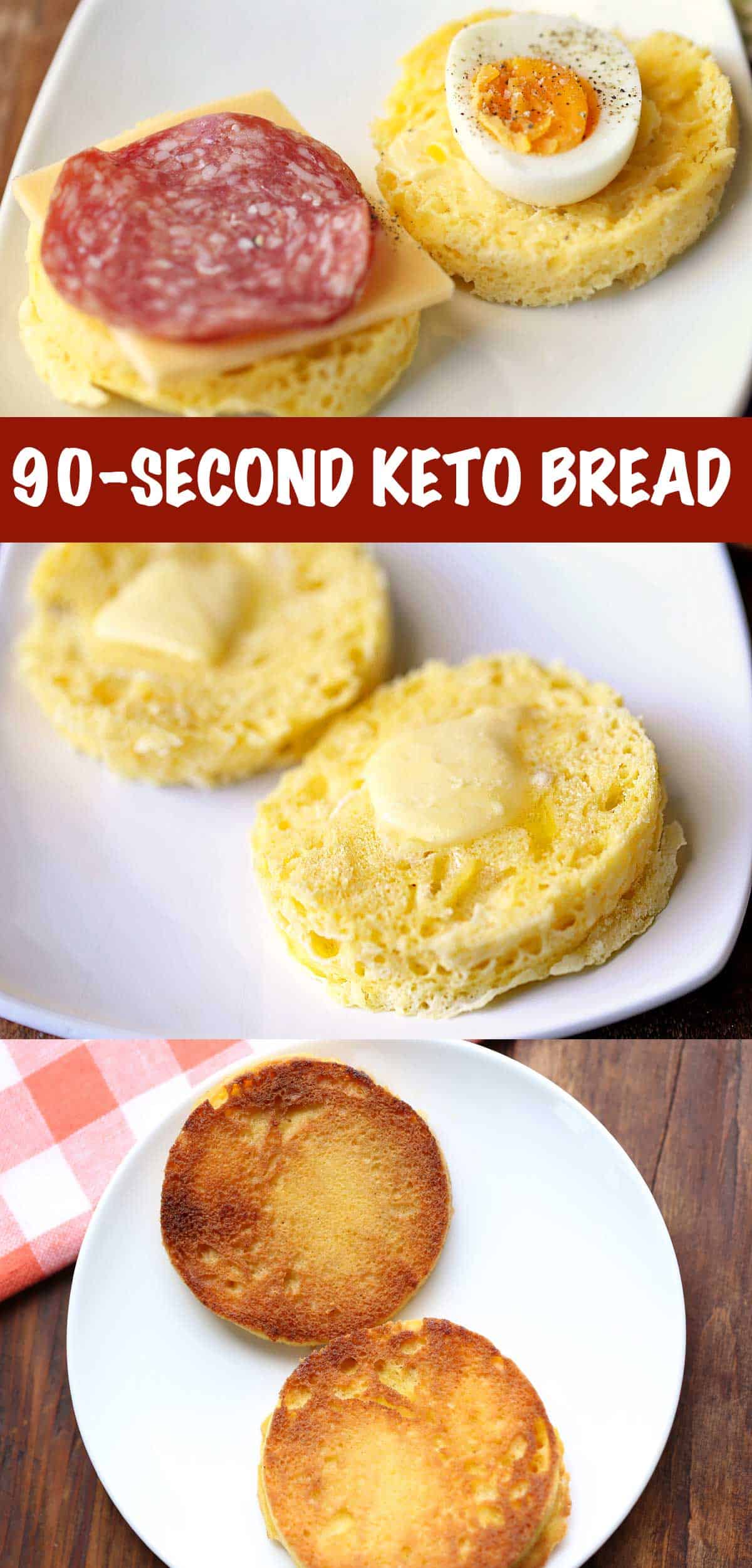 A three-photo collage of 90-second keto bread, shown toasted, buttered, and topped with various toppings. 
