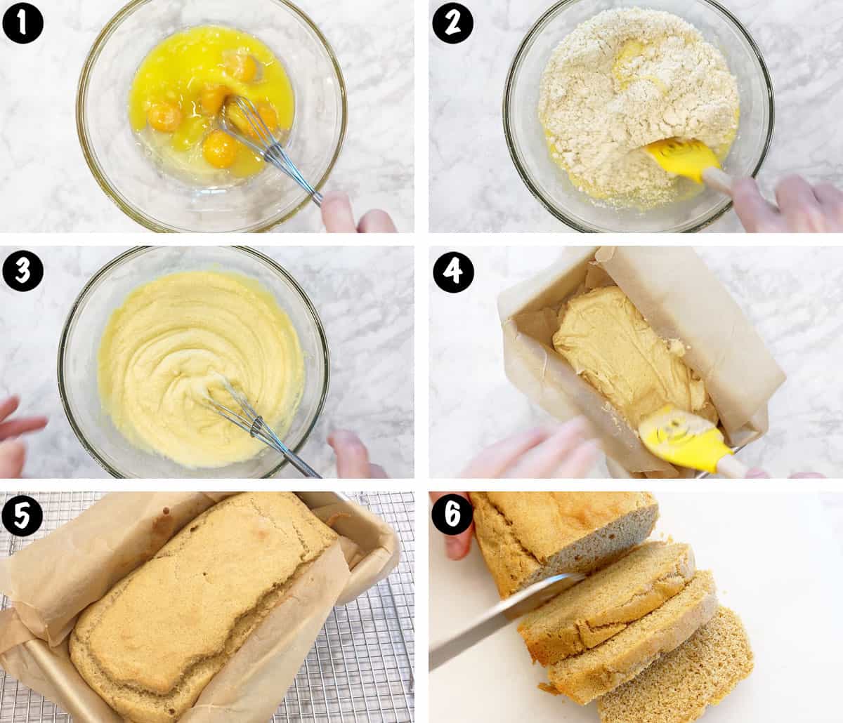 A photo collage showing the steps for baking a keto almond flour bread. 