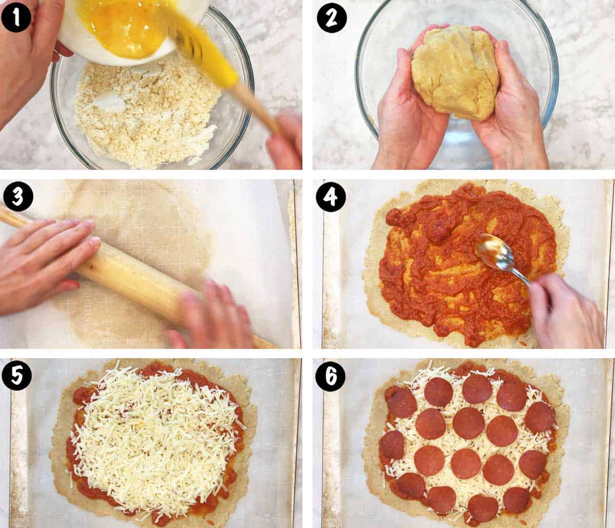A photo collage showing the steps for making pizza with an almond flour crust. 