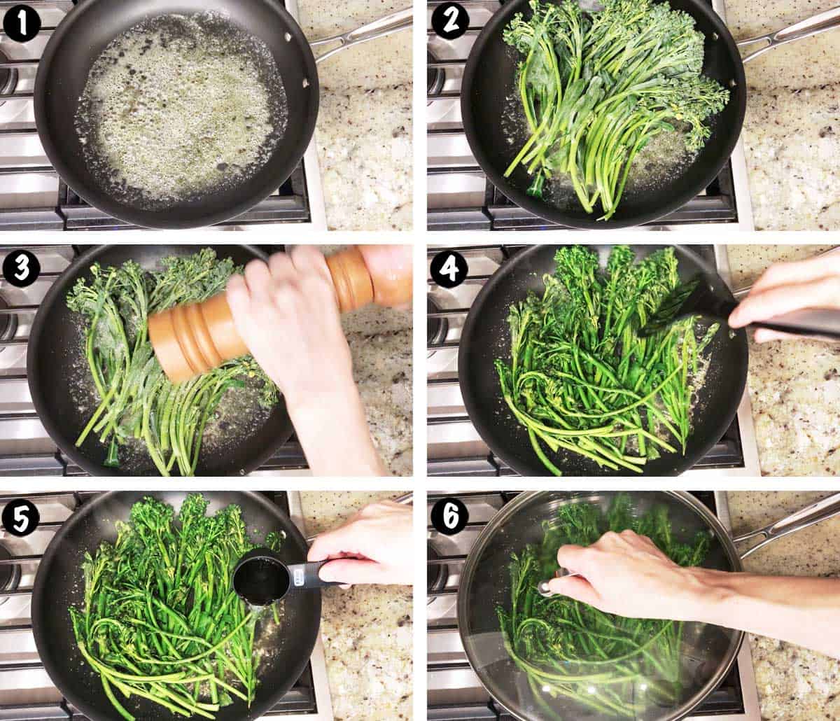 A photo collage showing the steps for cooking baby broccoli. 