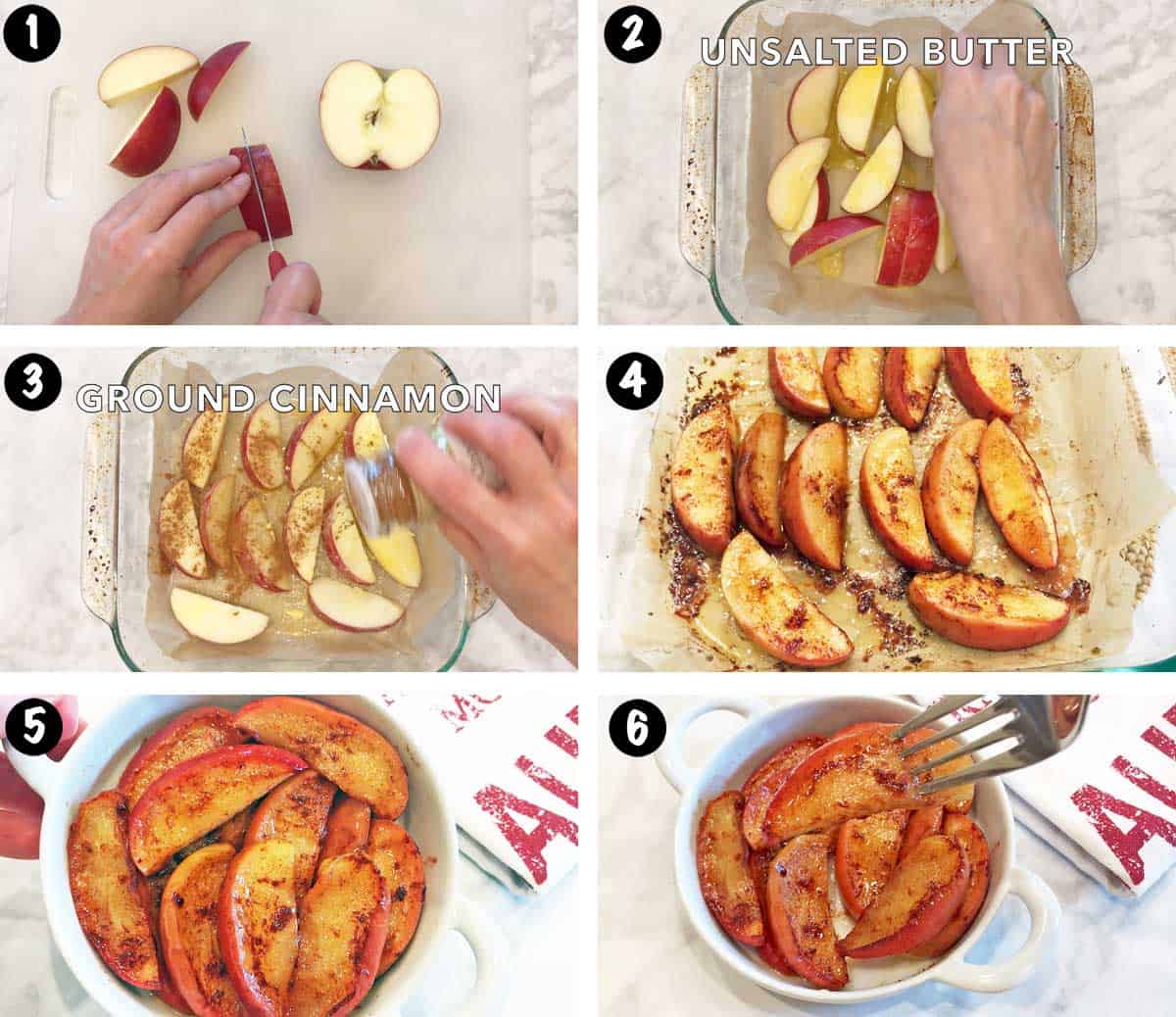A six-photo collage showing the steps for baking apple slices in the oven. 