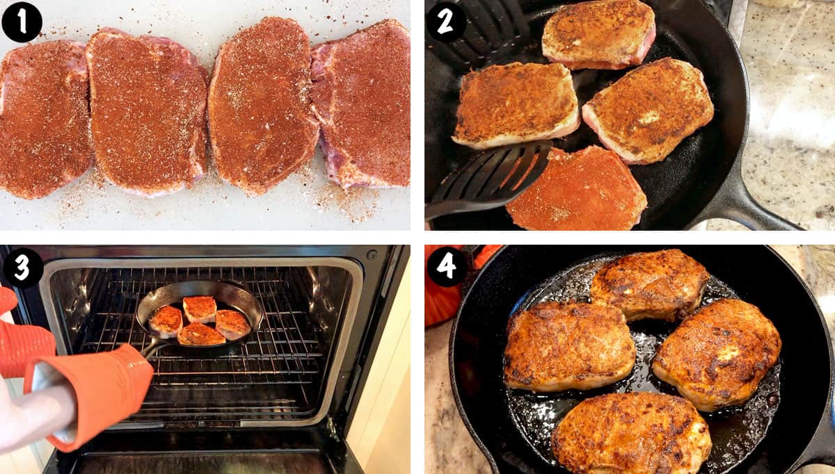A photo collage showing the steps for cooking pork chops. 