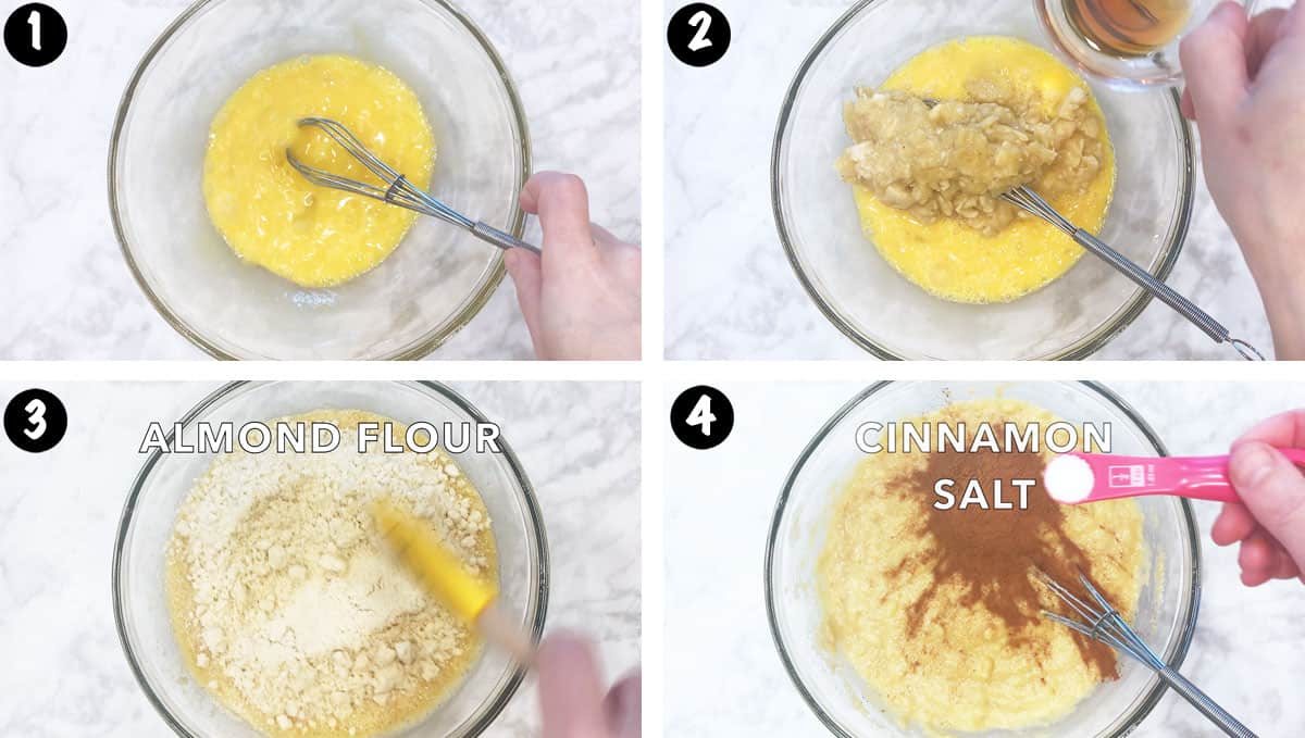 A photo collage showing steps 1-4 for making a keto banana bread.
