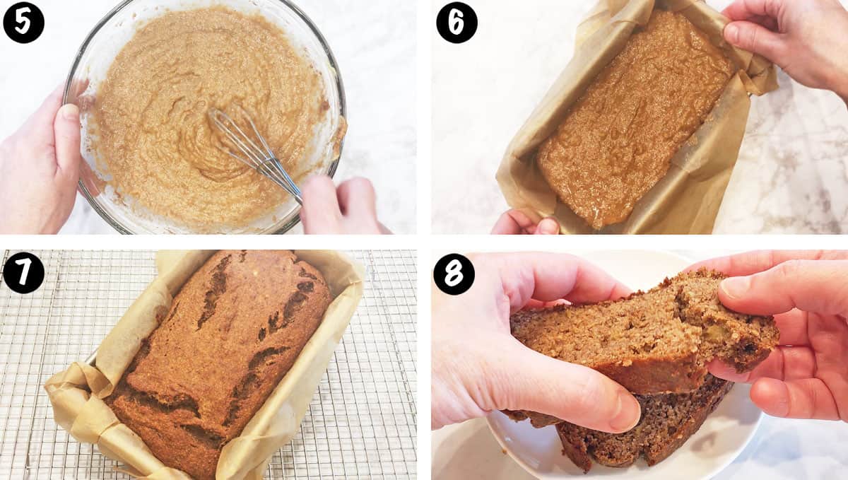A photo collage showing steps 5-8 for making a keto banana bread.