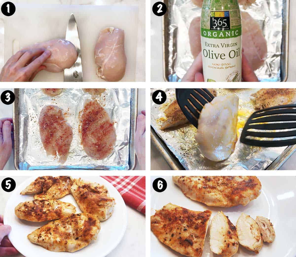 A photo collage showing the steps for broiling chicken breast. 