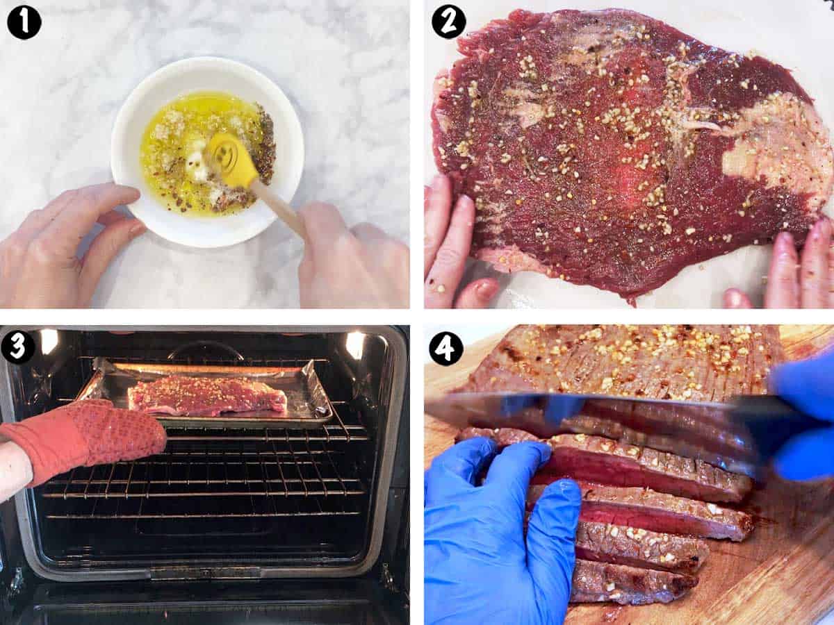 A photo collage showing the steps for broiling a flank steak in the oven. 