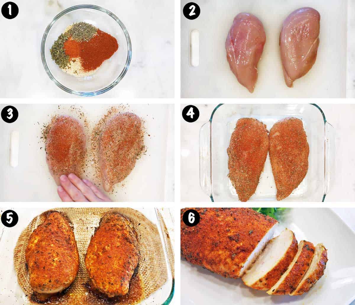 Un collage de seis fotos que muestra los pasos para hacer pollo cajún. 