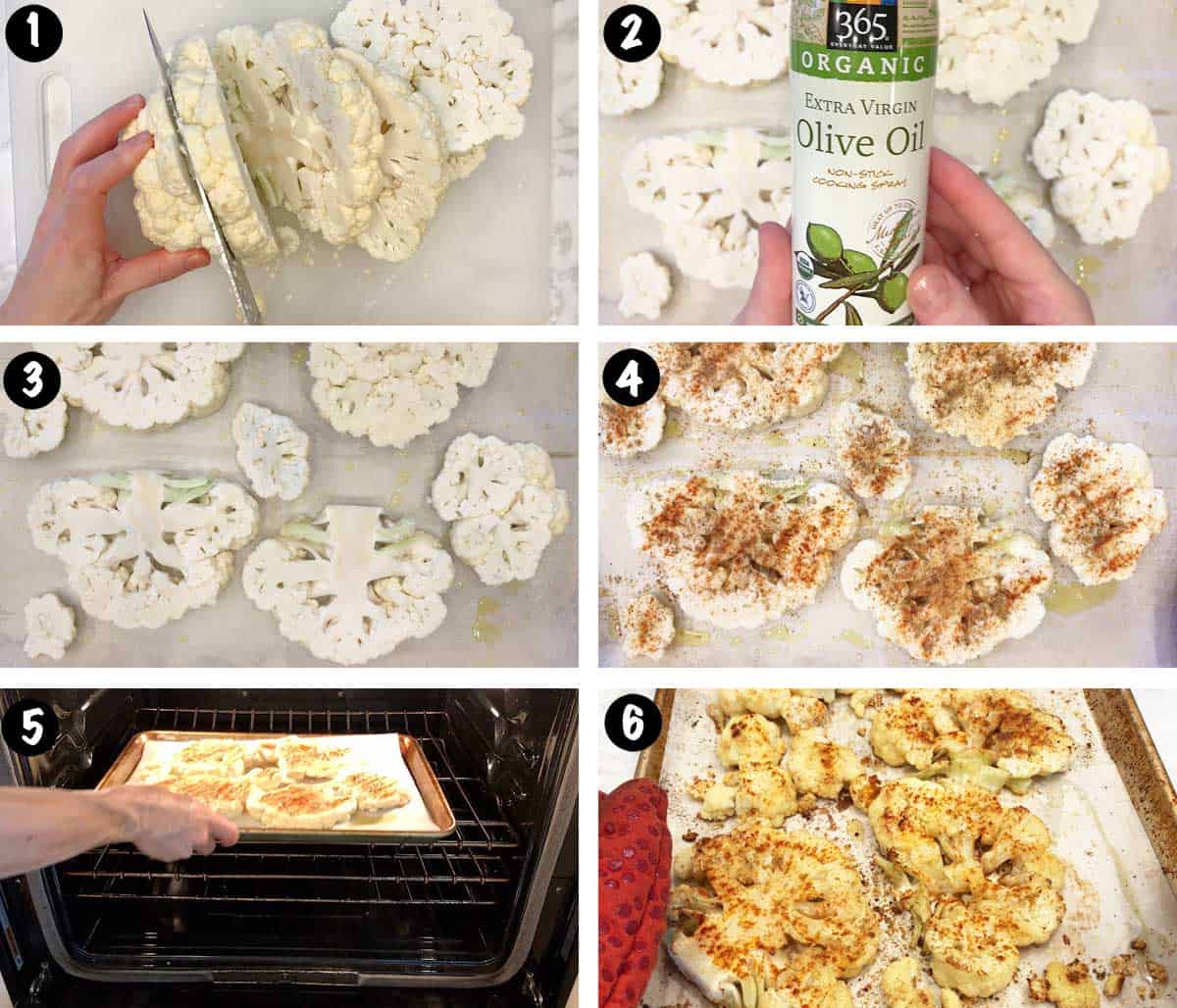 A photo collage showing the steps for making cauliflower steaks. 