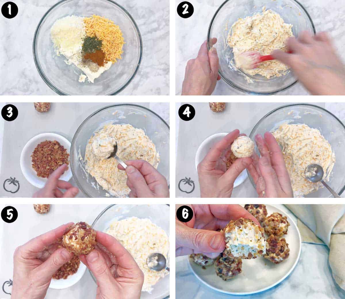 A six-photo collage showing the steps for making cheese balls. 