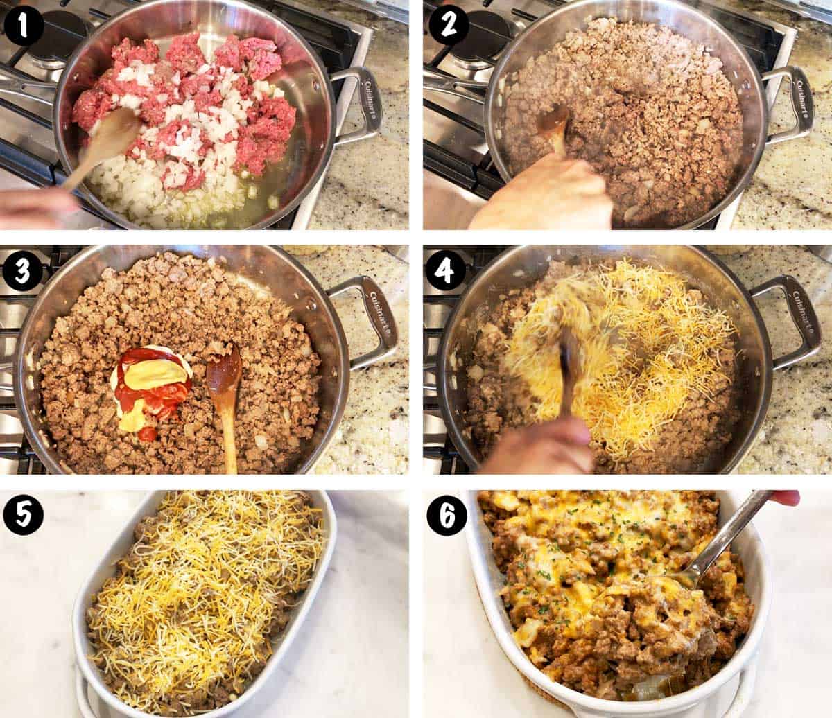 A photo collage showing the steps for making a low-carb cheeseburger casserole.