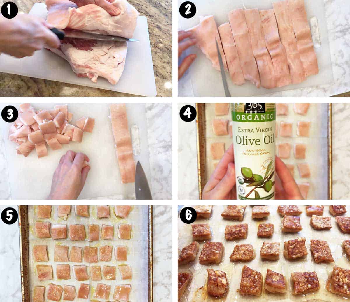 A photo collage showing the steps for making chicharrones. 