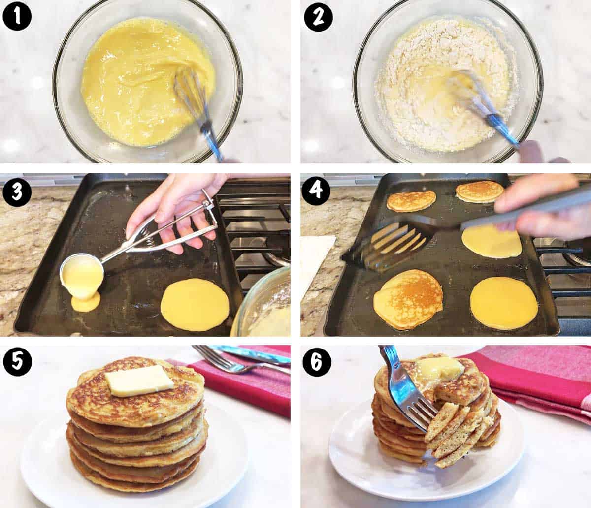A six-photo collage showing the steps for making coconut flour pancakes. 