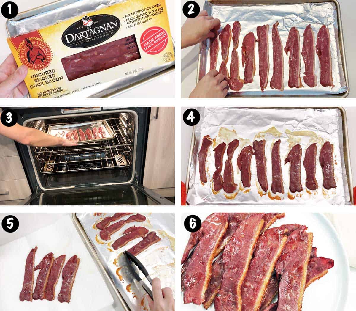 A photo collage showing the steps for cooking duck bacon in the oven. 