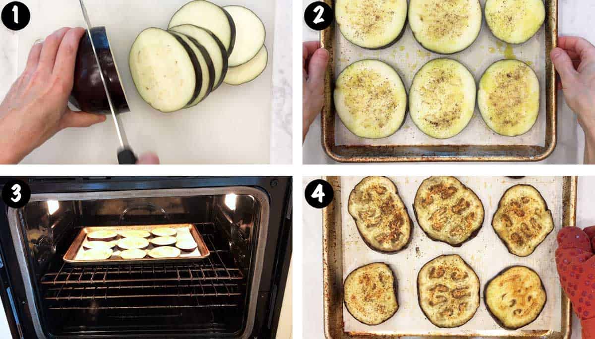 A photo collage showing steps 1-4 for making eggplant pizza. 