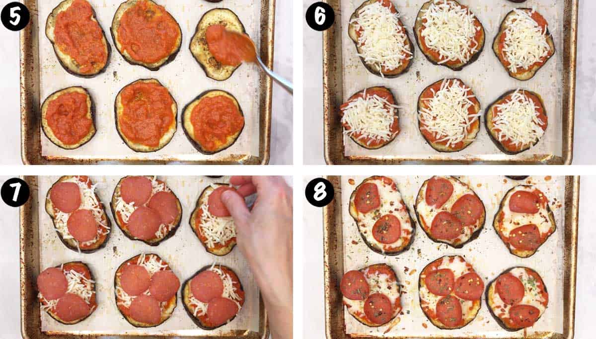 A photo collage showing steps 5-8 for making eggplant pizza. 