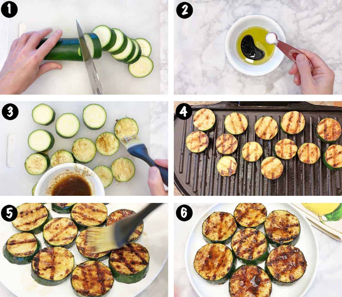 A photo collage showing the steps for grilling zucchini. 
