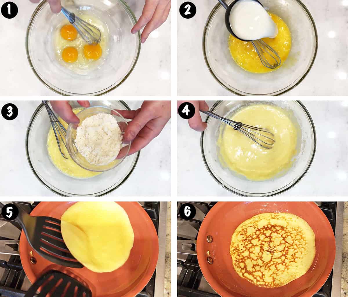 A photo collage showing the steps for making low-carb crepes. 