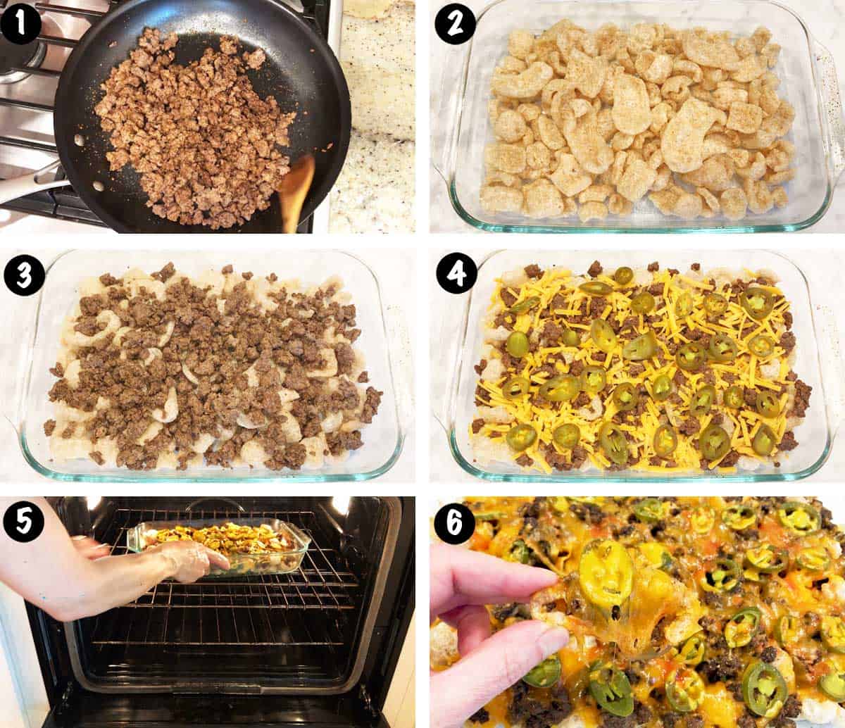 A photo collage showing the steps for making keto nachos. 