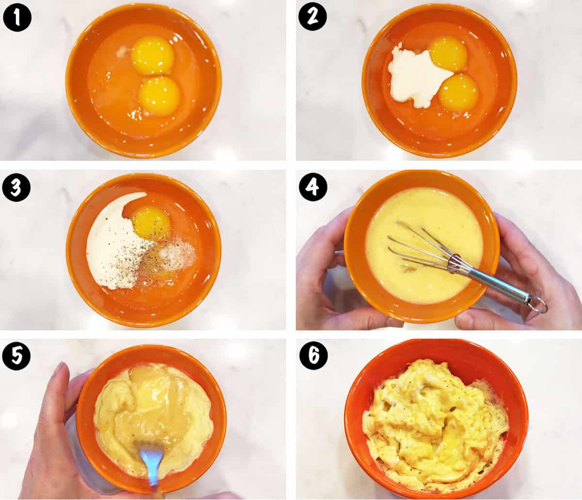 A photo collage showing the steps for making scrambled eggs in the microwave. 