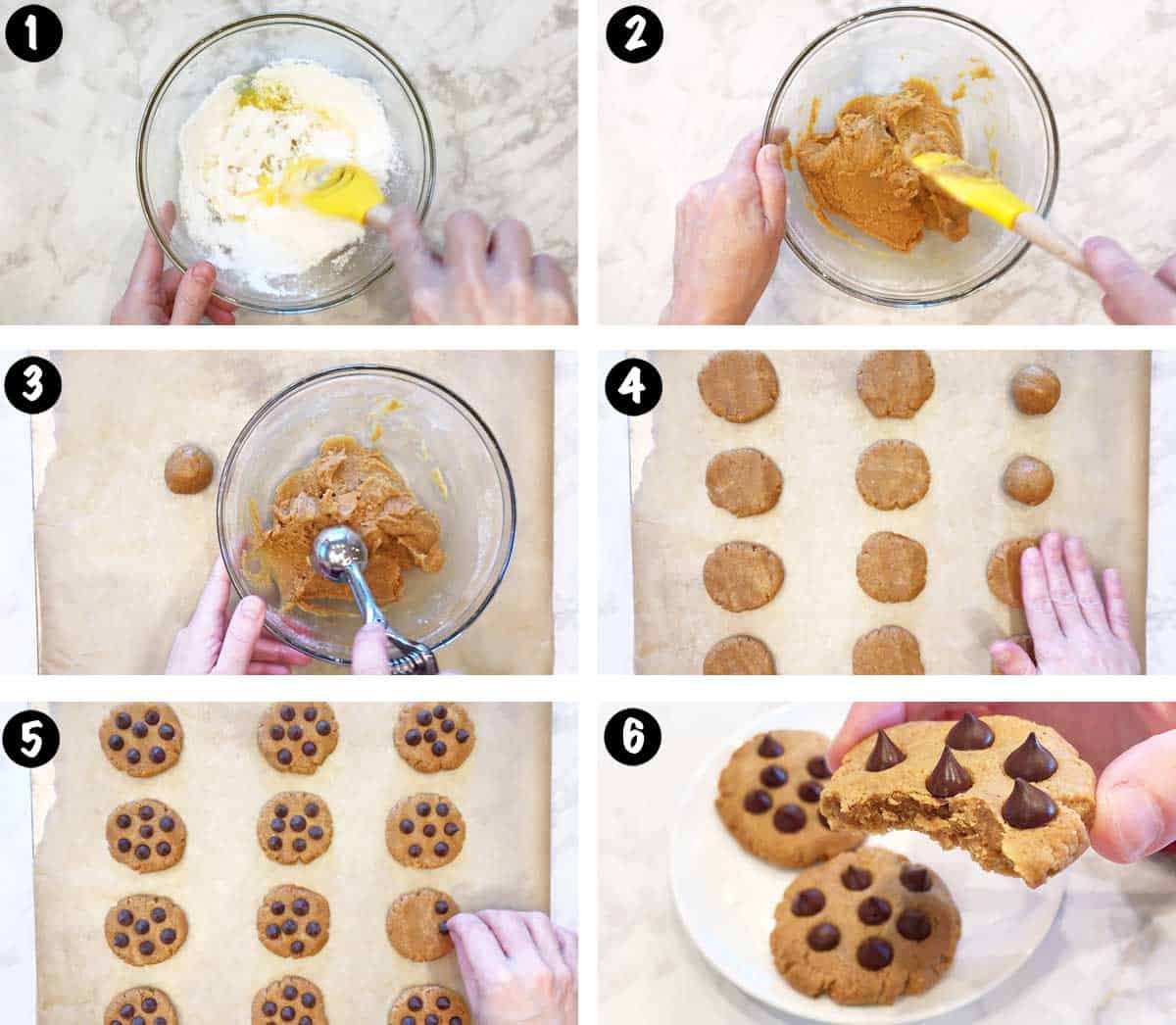 A photo collage showing the steps for making keto peanut butter cookies.