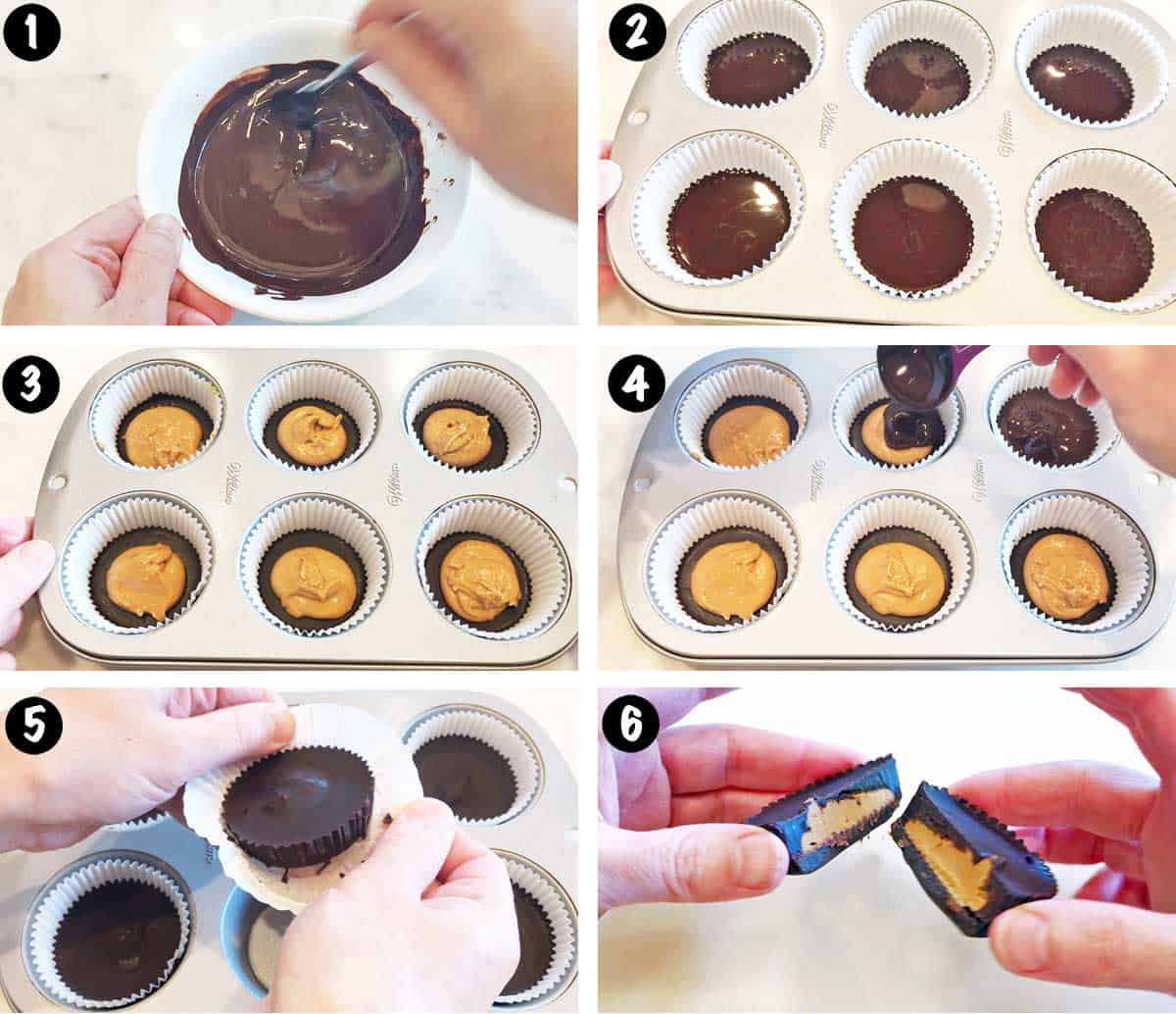 A photo collage showing the steps for making keto peanut butter cups. 
