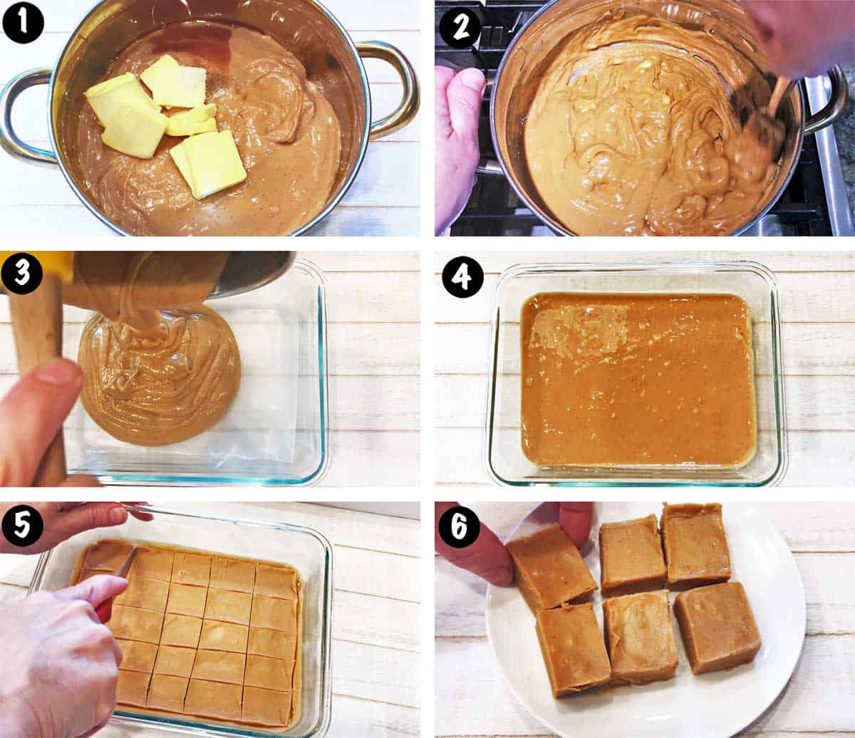 A photo collage showing the steps for making a keto peanut butter fudge. 
