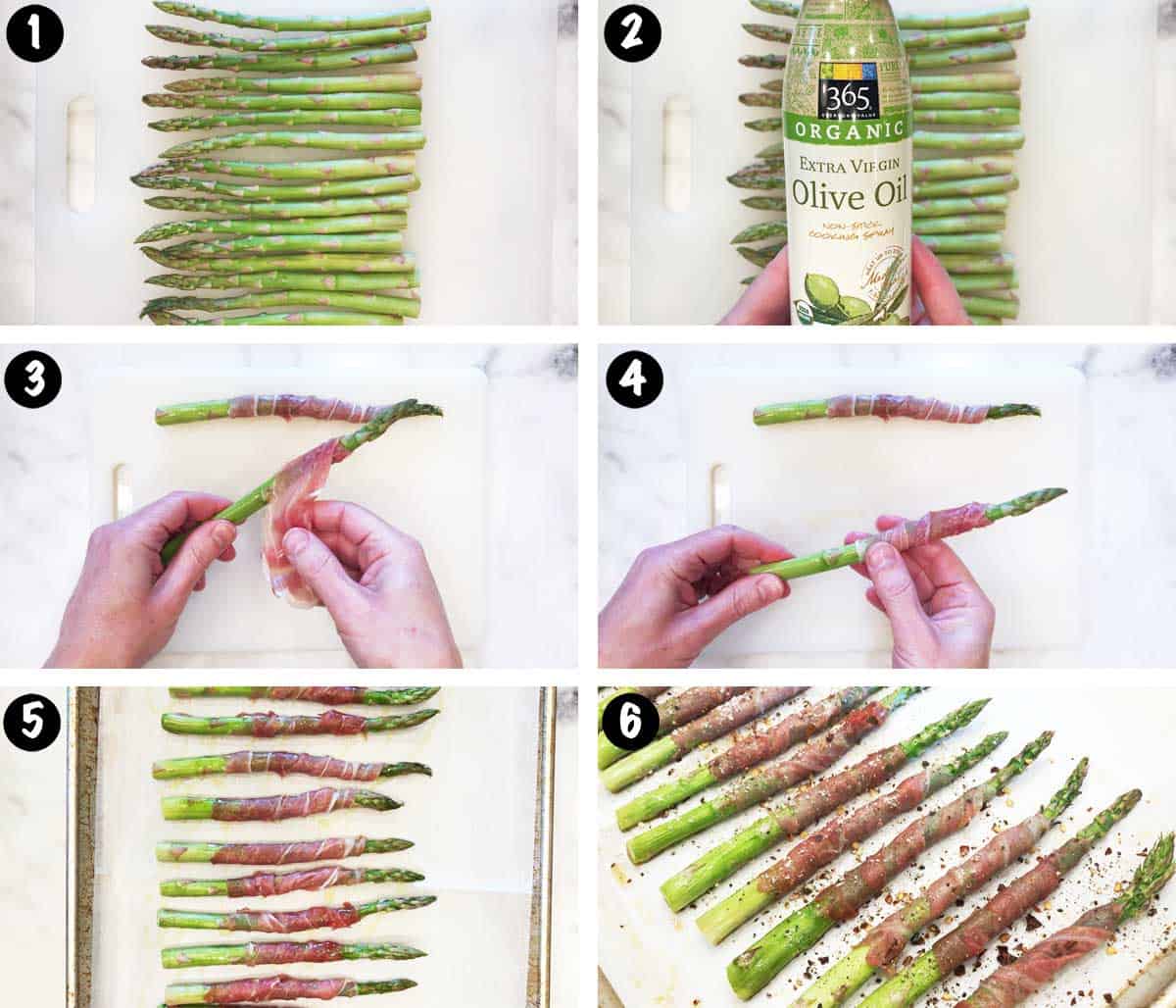 A six-photo collage showing the steps for making prosciutto-wrapped asparagus.