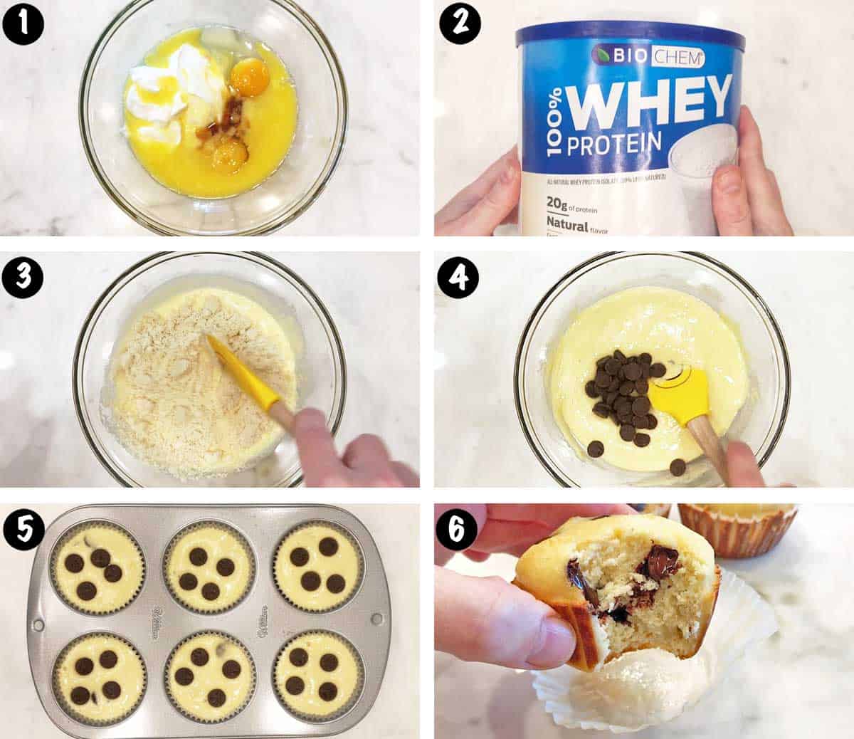 A six-photo collage showing the steps for making protein muffins. 