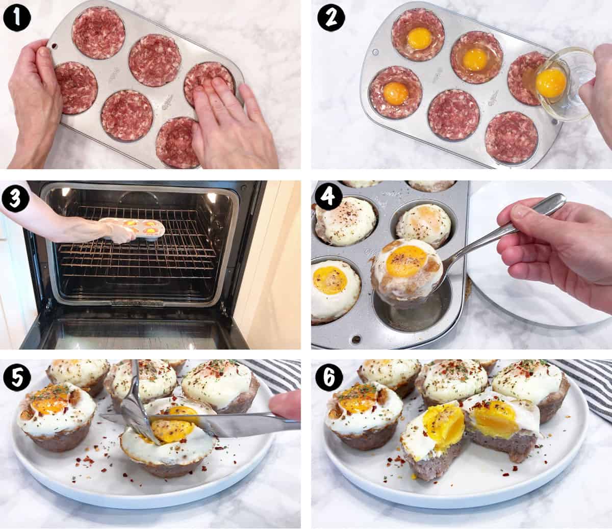 A photo collage showing the steps for making sausage egg muffins. 