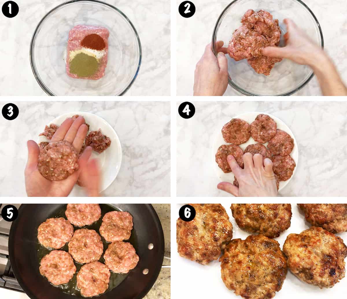 A photo collage showing the steps for making homemade sausage patties. 