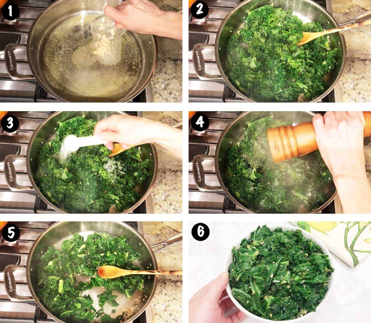 A photo collage showing the steps for sauteing kale in butter and garlic. 