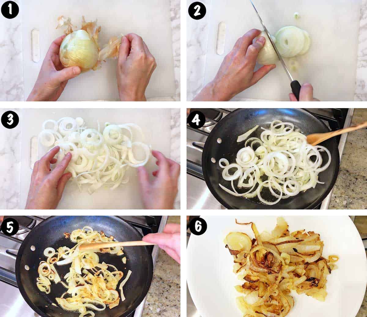 A photo collage showing the steps for sauteing onions.