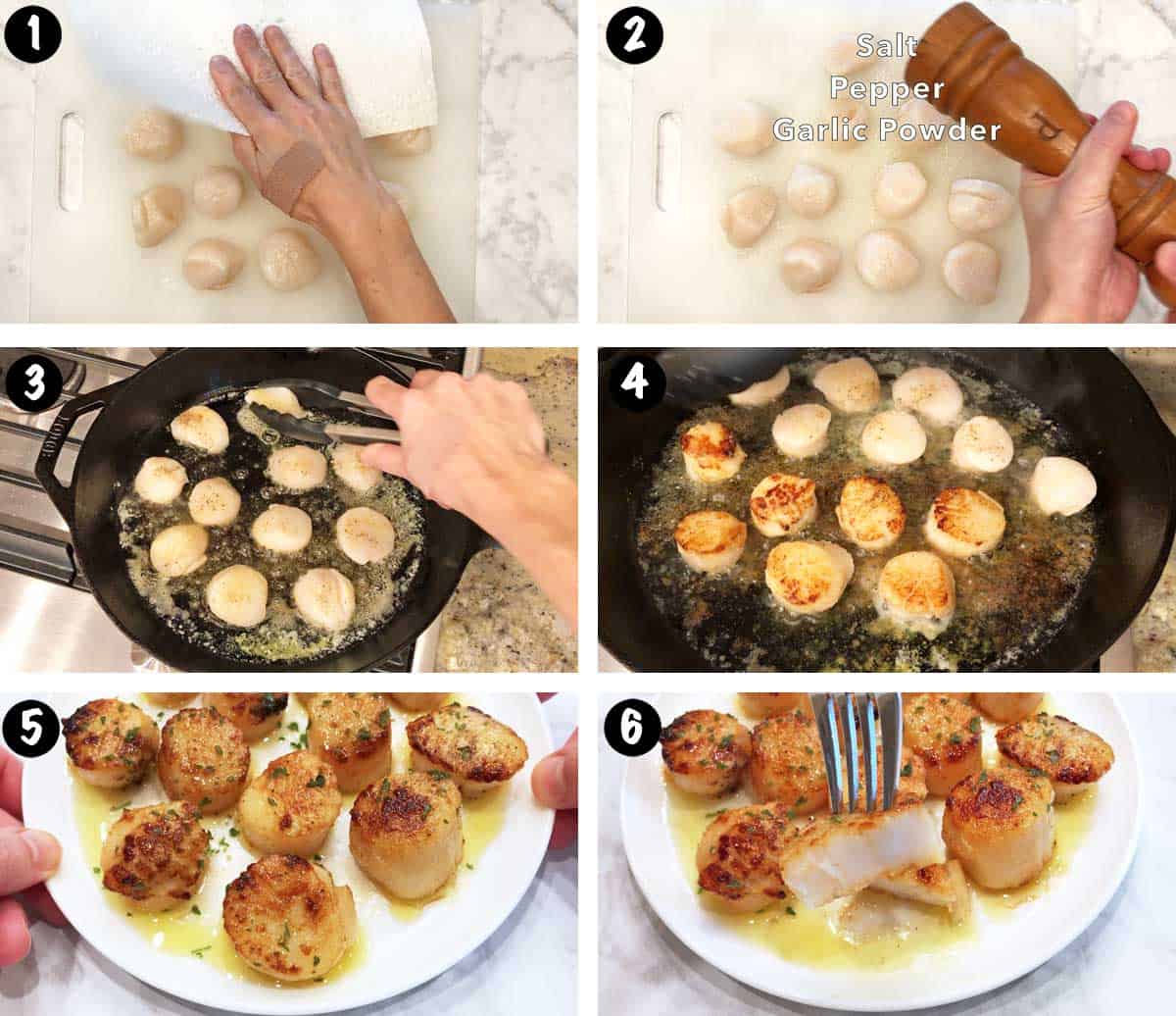 A six-photo collage showing the steps for cooking scallops in a cast-iron skillet. 